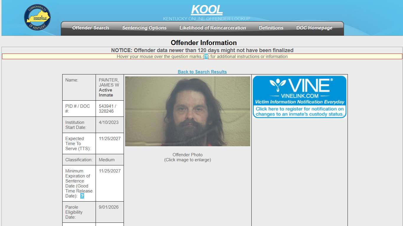 Offender Information - Kentucky Department of Corrections - Offender Online Lookup System